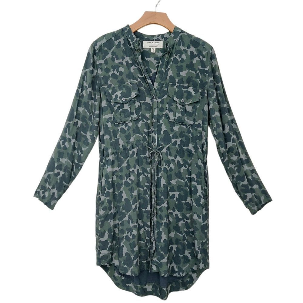 Anthropologie Cloth & Stone Womens Small Green Nina Camo Mini Shirtdress Chic